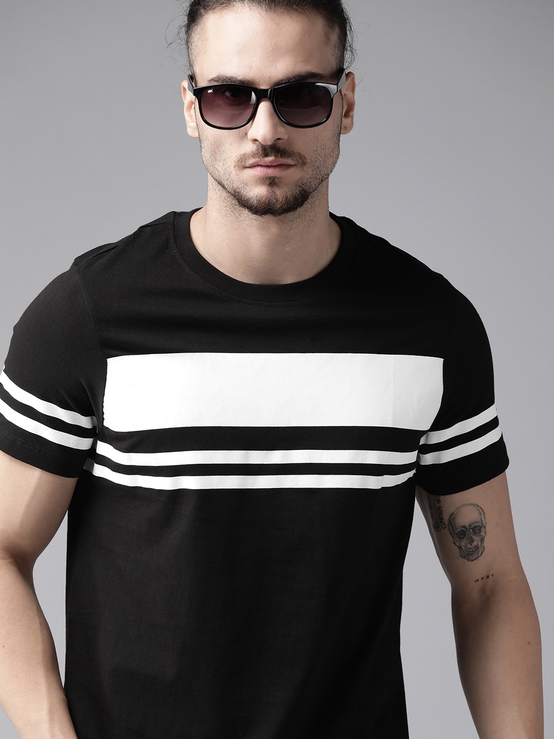 

Roadster Men Black & White Striped Pure Cotton T-shirt