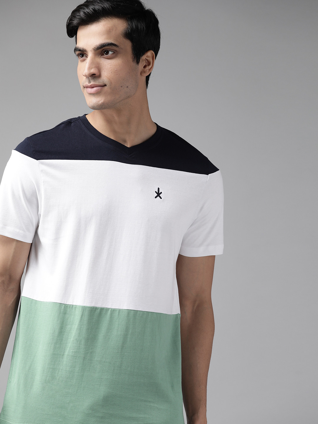 

Roadster Men Green White Pure Cotton Colourblocked Pure Cotton T-shirt