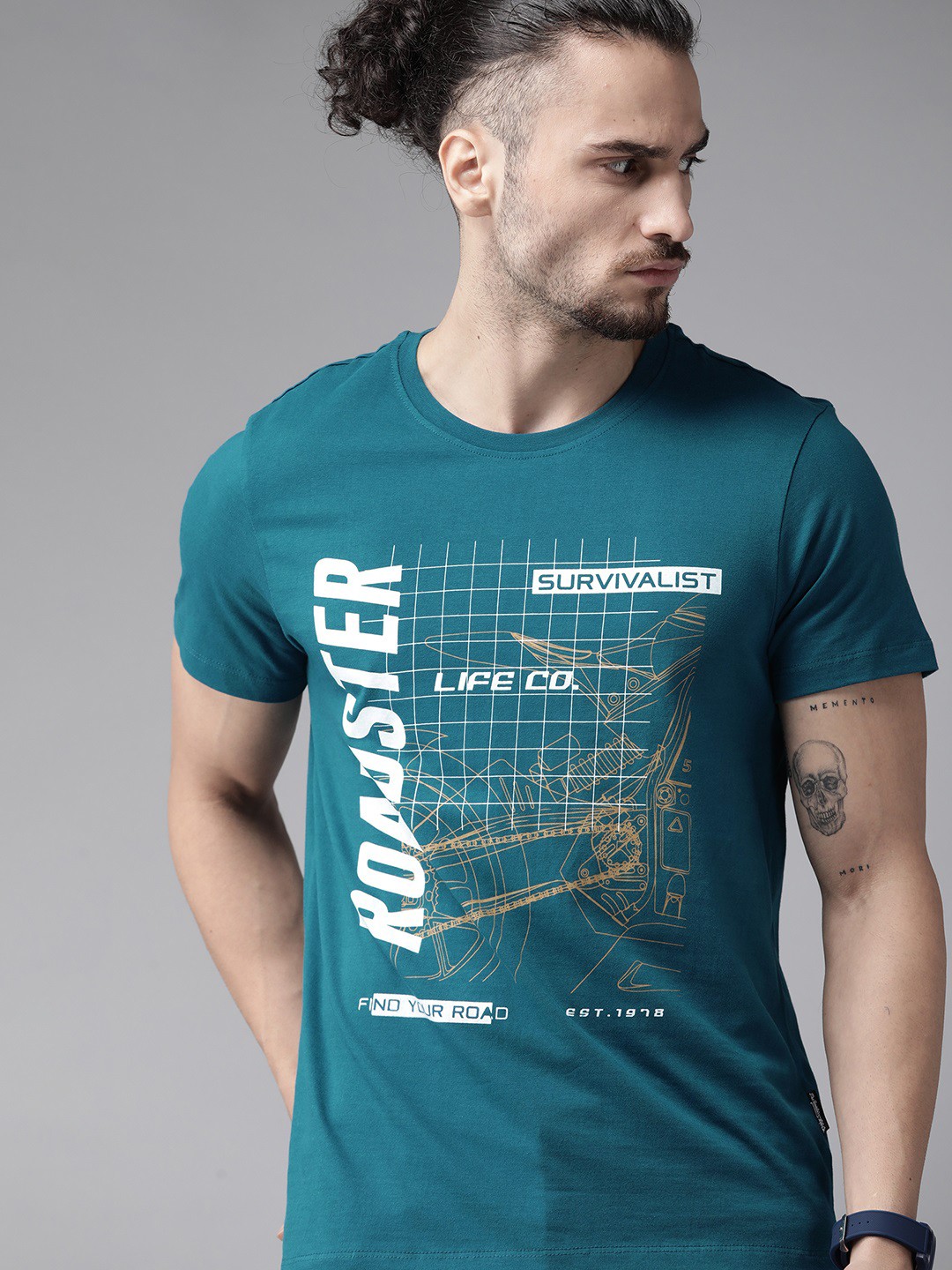

Roadster Men Teal Blue & White Brand Logo Printed Pure Cotton T-shirt