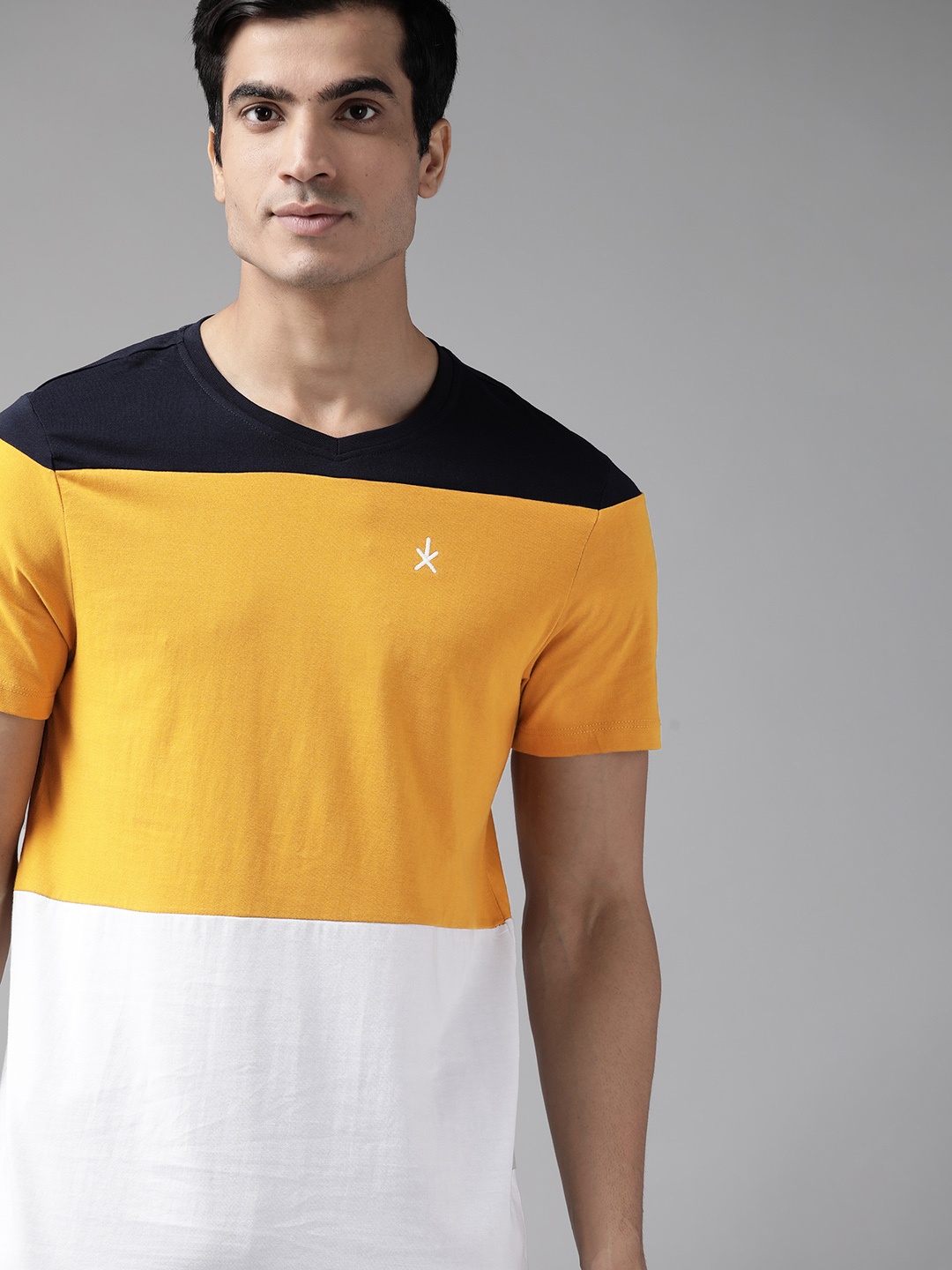 

Roadster Men Mustard Yellow White Pure Cotton Colourblocked Pure Cotton T-shirt