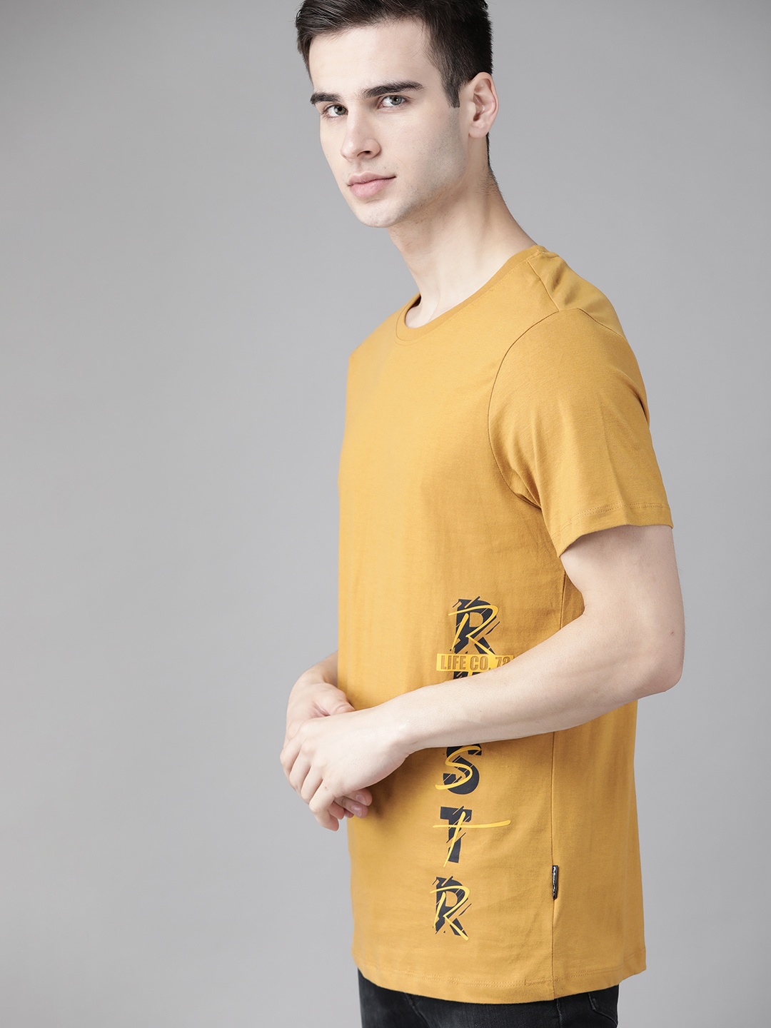 

Roadster Men Mustard Yellow Cotton T-shirt with Brand Logo Detail