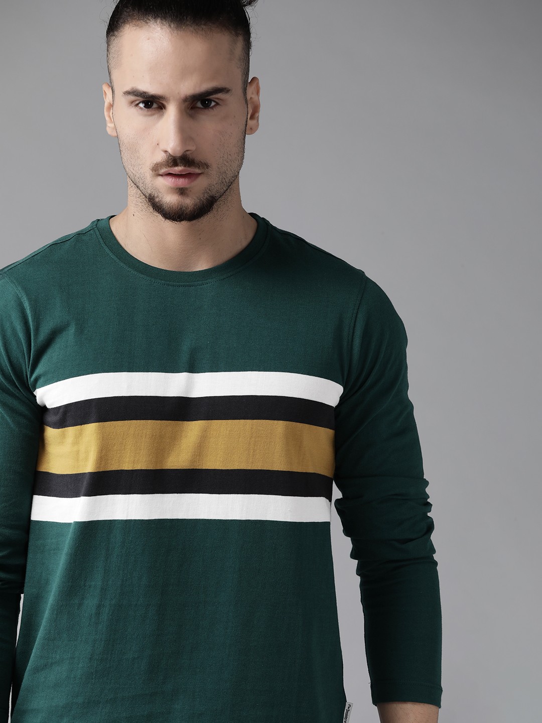 

Roadster Men Green & White Striped Cotton T-shirt
