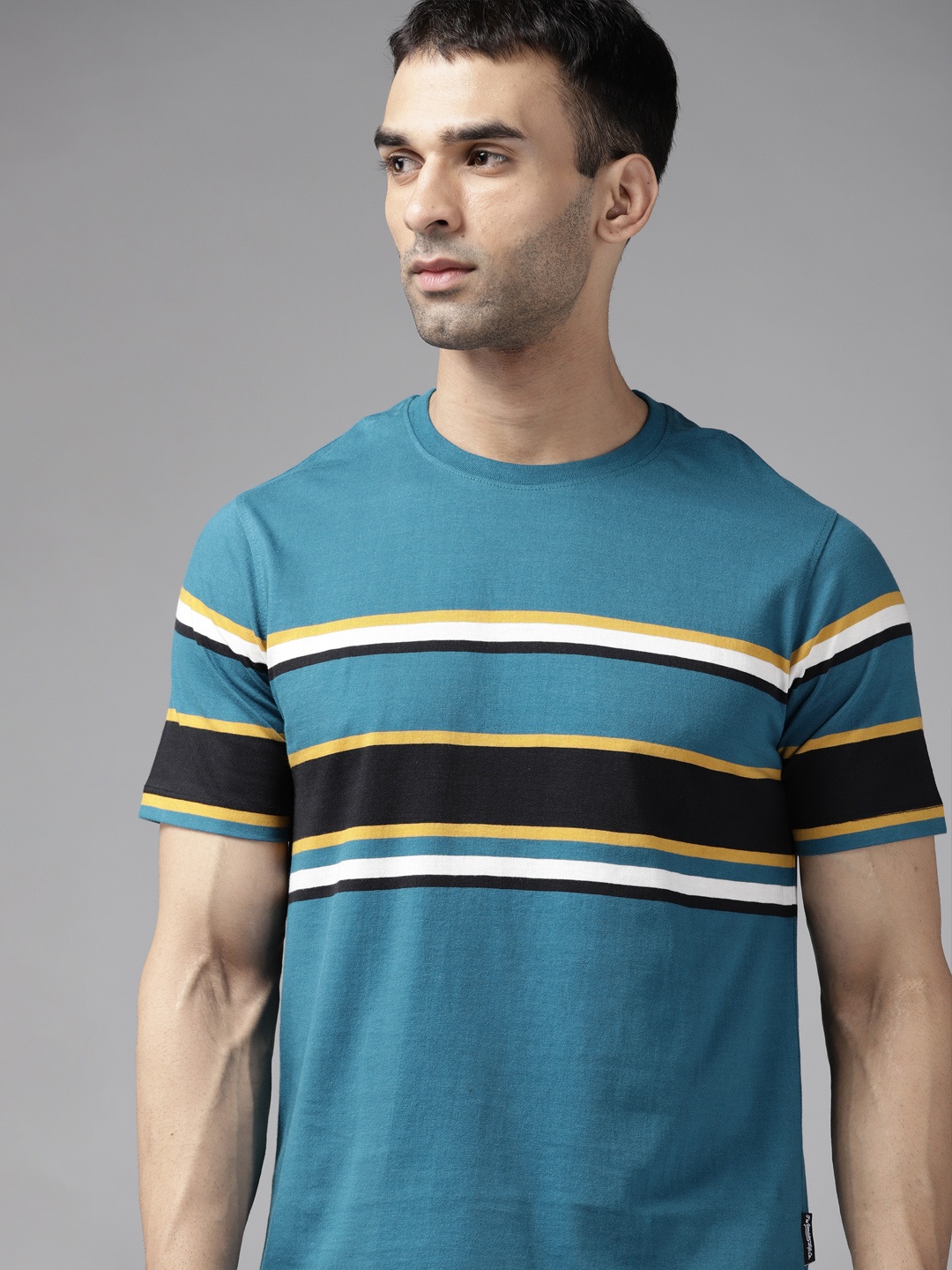 

Roadster Men Blue Striped Pure Cotton T-shirt