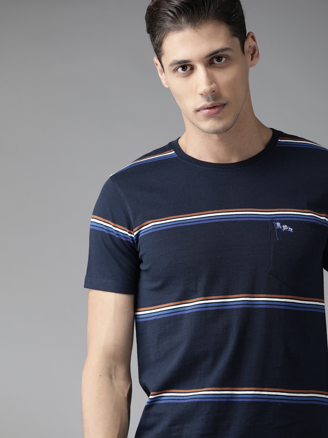 

Roadster Men Navy Blue & White Pure Cotton Striped T-shirt