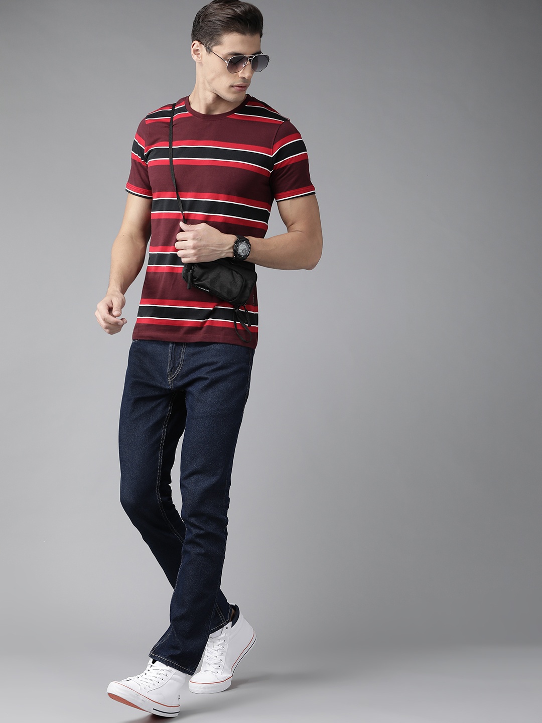 

Roadster Men Maroon & Black Pure Cotton Striped T-shirt