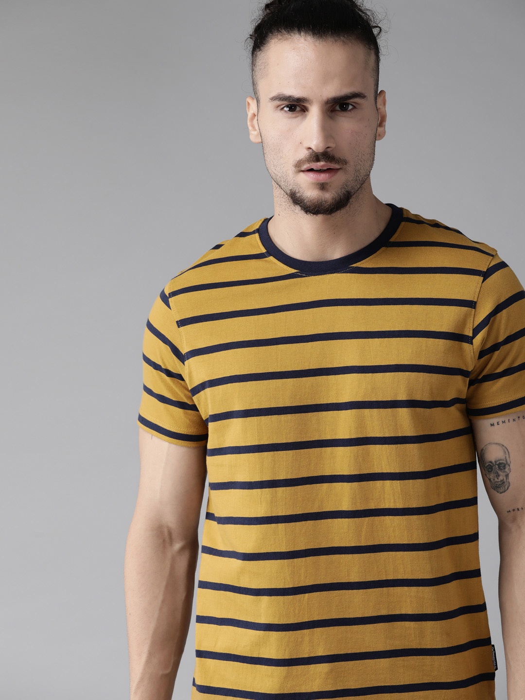 

Roadster Men Khaki & Navy Blue Striped Cotton T-shirt