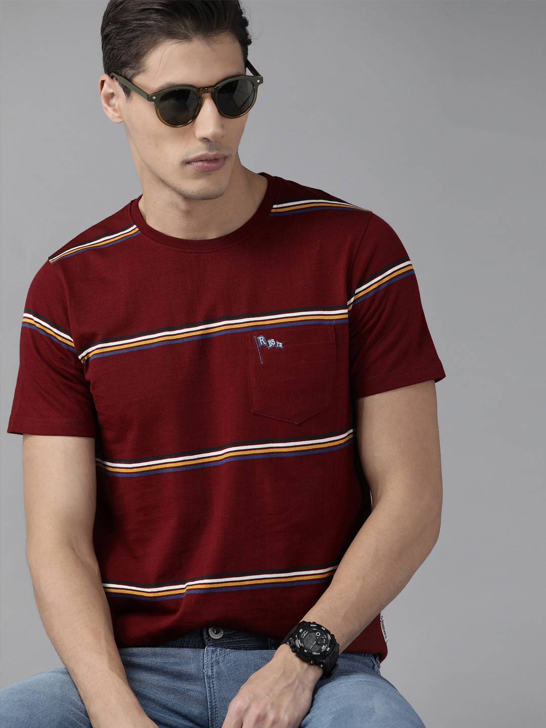 

Roadster Men Maroon & White Pure Cotton Striped T-shirt