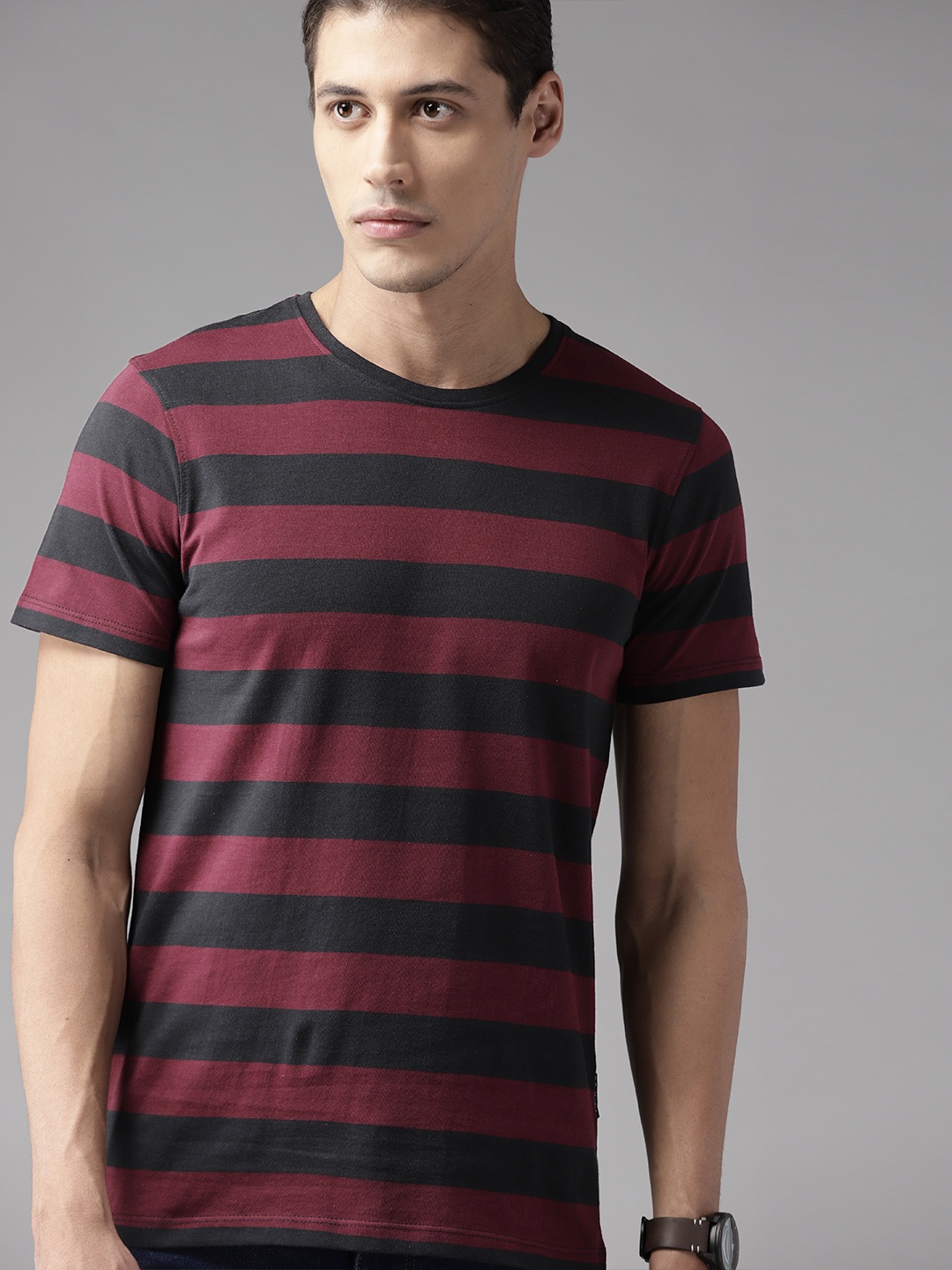

Roadster Men Burgundy & Black Pure Cotton Striped T-shirt