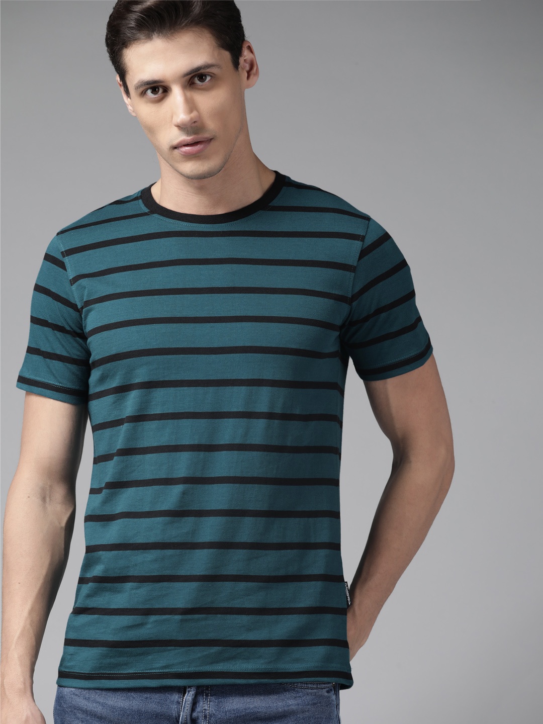 

Roadster Men Teal Blue & Black Cotton Striped T-shirt