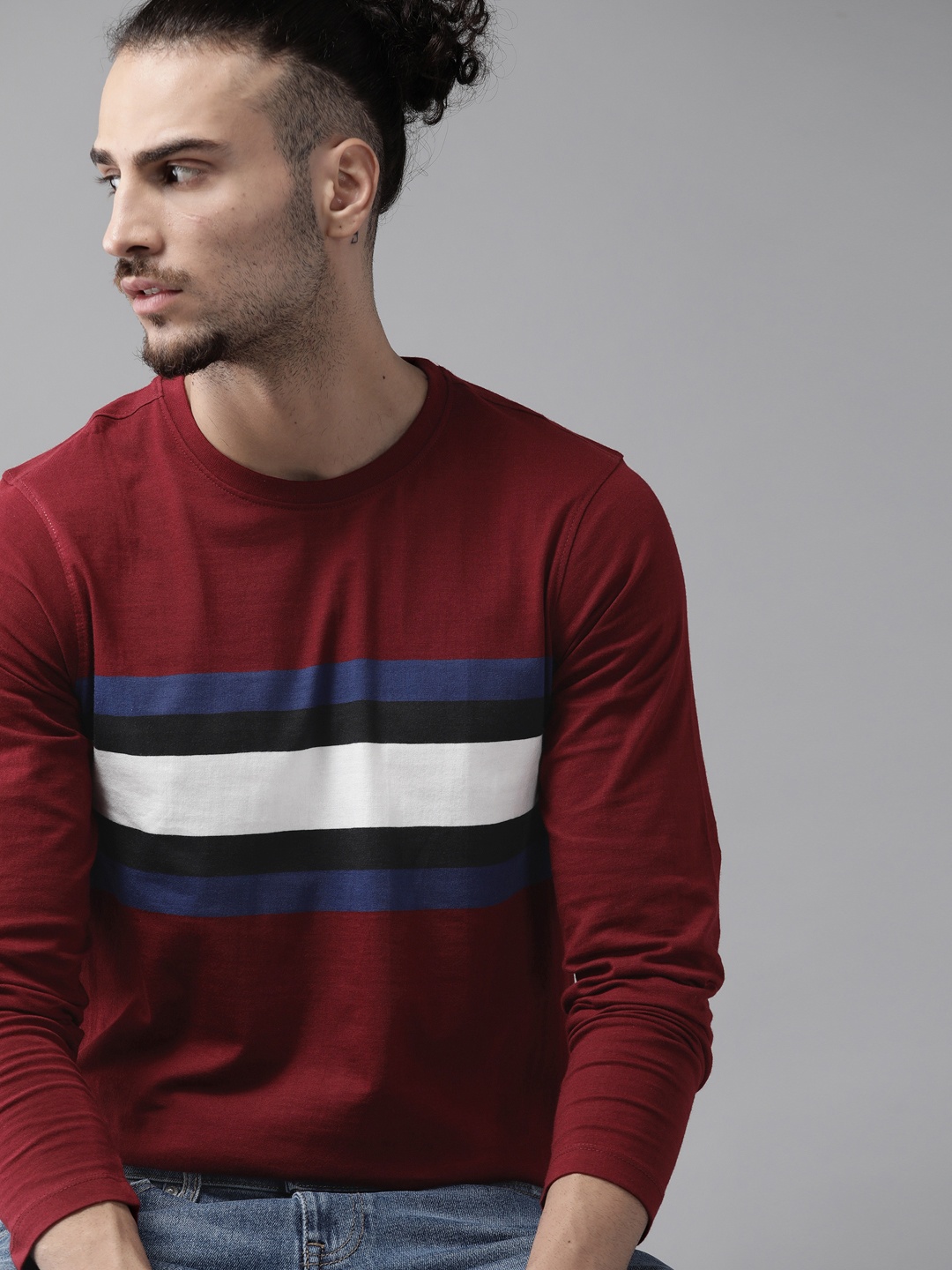 

Roadster Men Maroon & White Striped Cotton T-shirt