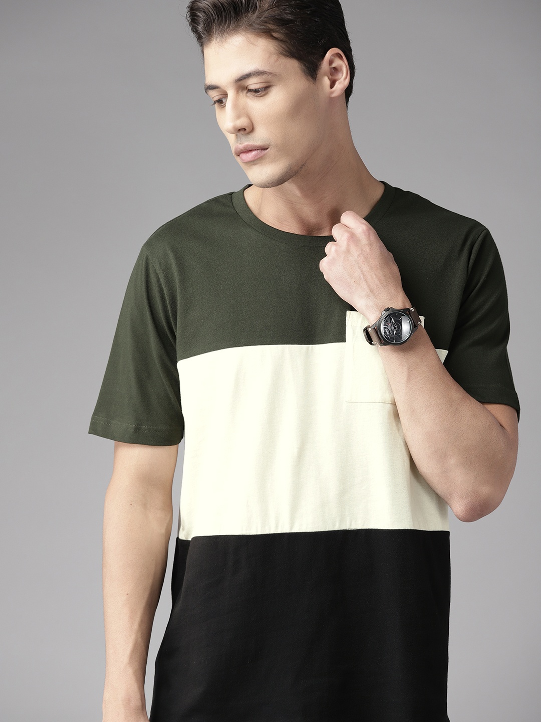 

Roadster Men Green & Cream-Coloured Colourblocked Pure Cotton T-shirt