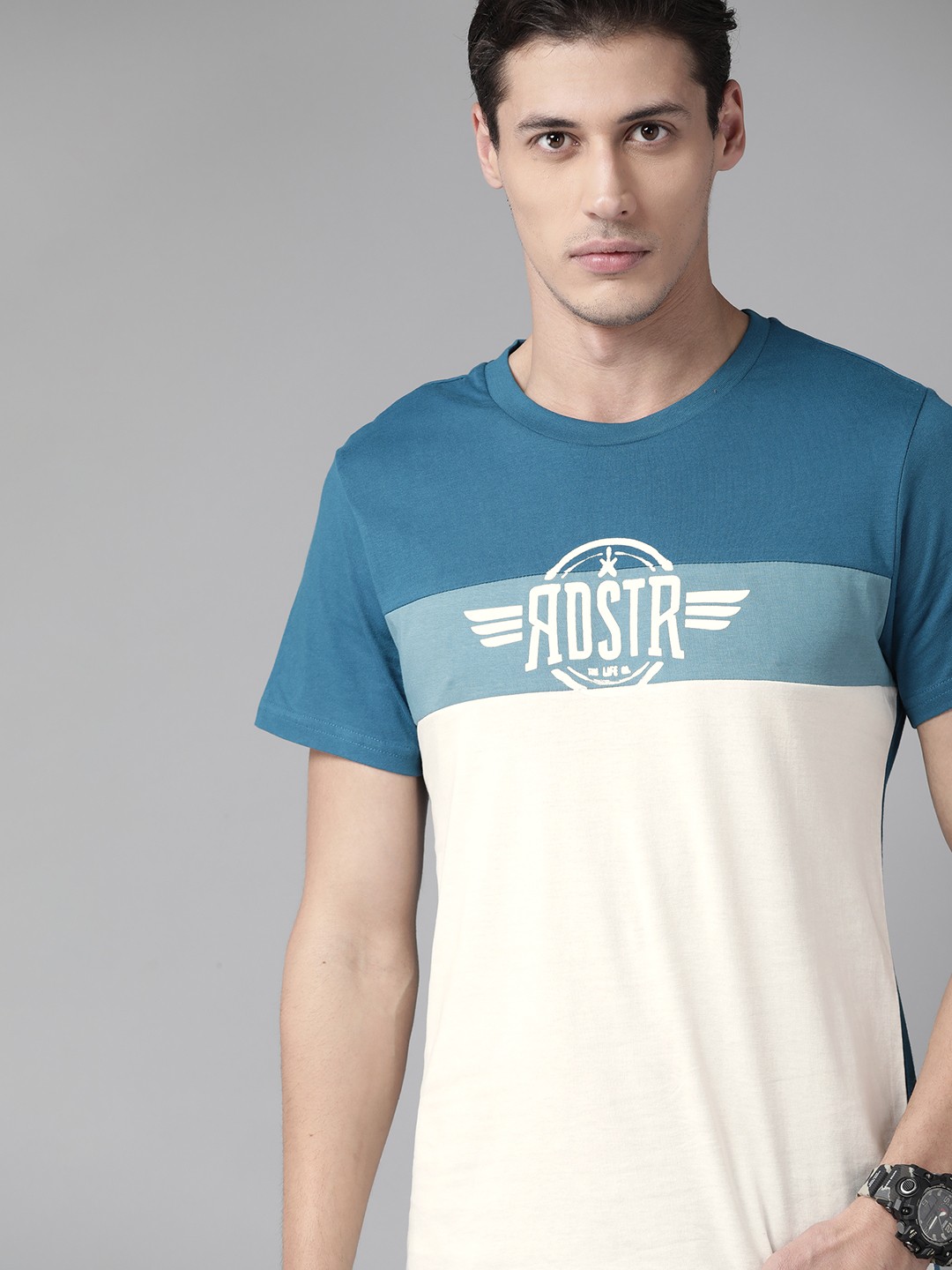 

Roadster Men Teal & Off White Brand Logo Colourblocked Pure Cotton T-shirt