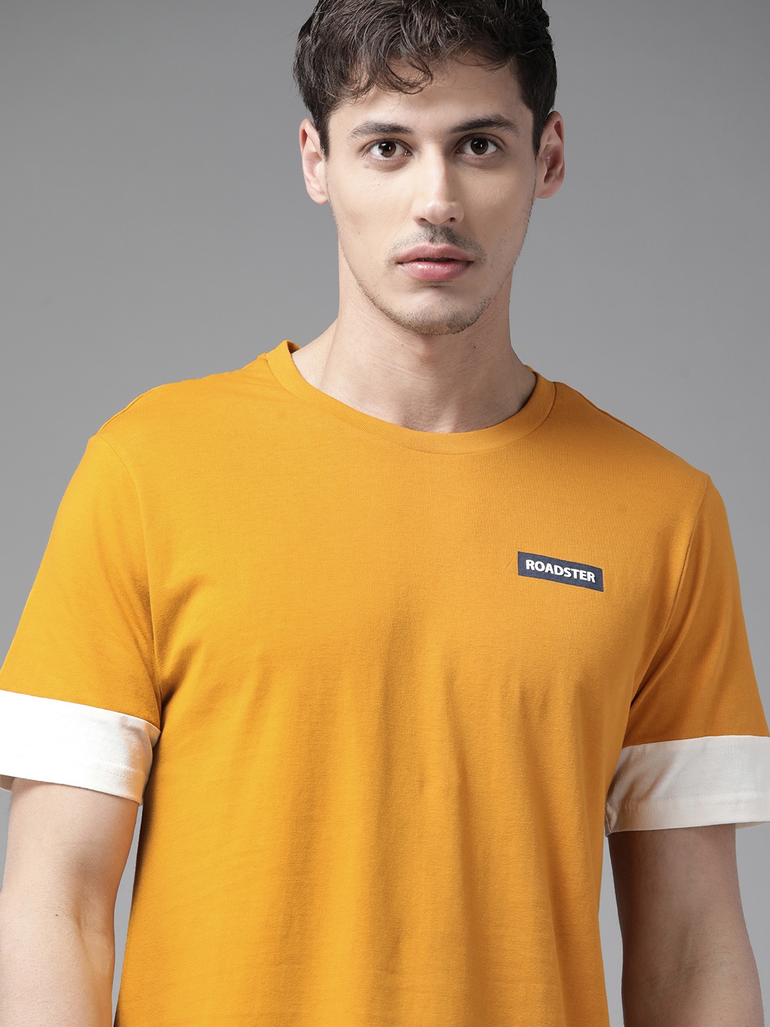 

Roadster Men Mustard Yellow Brand Logo Print Detail Pure Cotton T-shirt