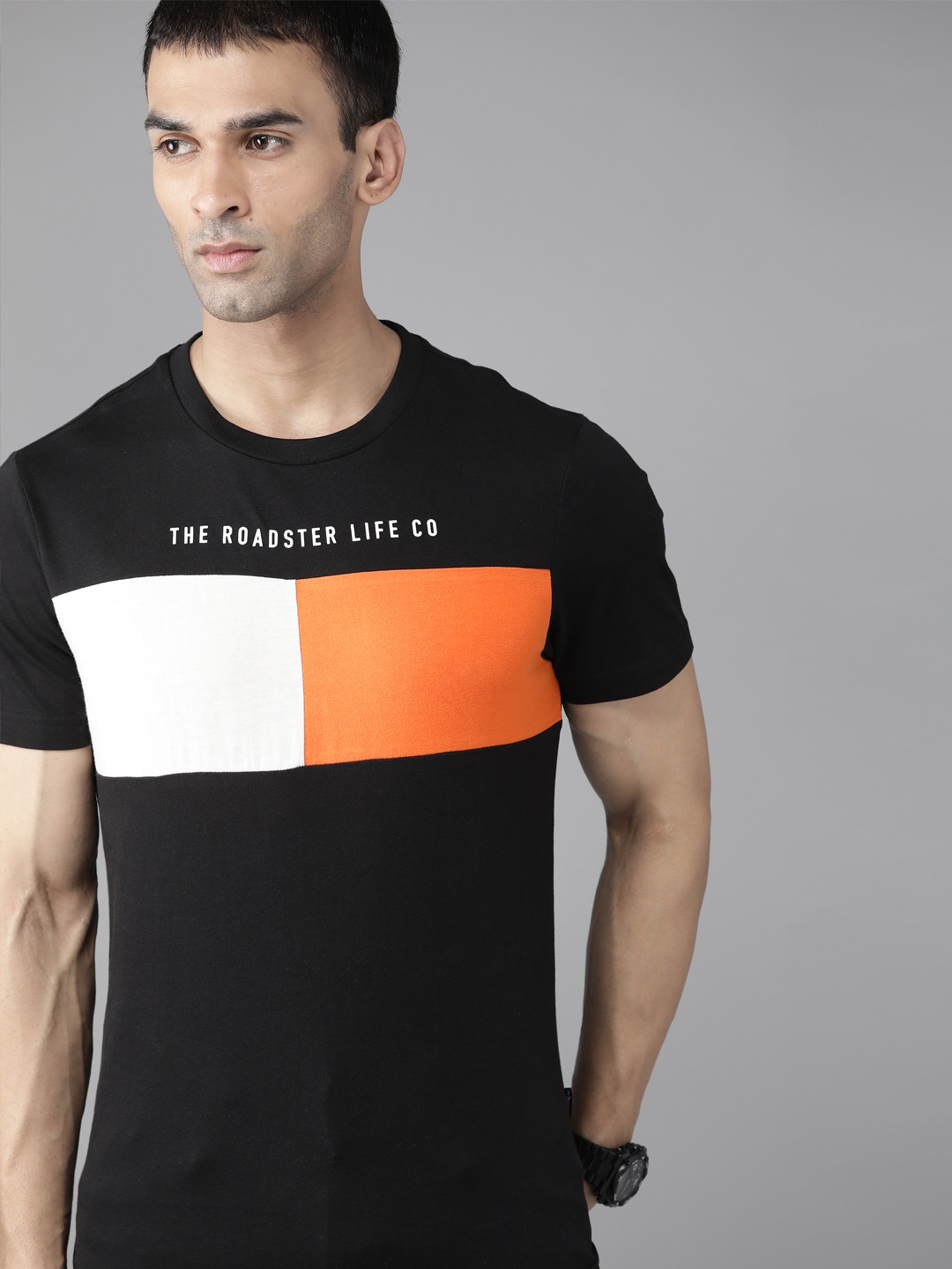 

Roadster Men Black & Orange Pure Cotton Colourblocked T-shirt