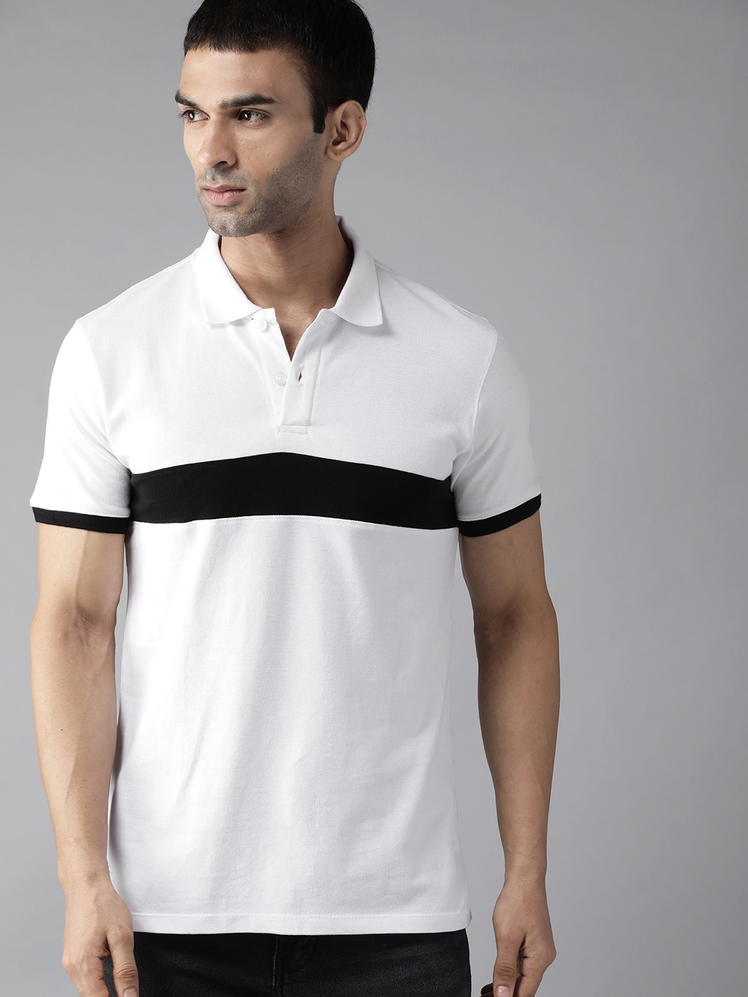 

Roadster Men White & Black Pure Cotton Polo Collar T-shirt with Contrast Panelling