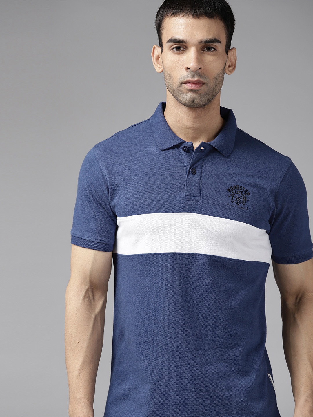 

Roadster Men Blue & White Striped Polo Collar T-shirt