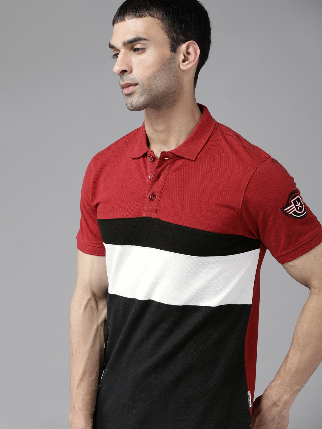 

Roadster Men Red & Black Pure Cotton Colourblocked Polo Collar T-shirt