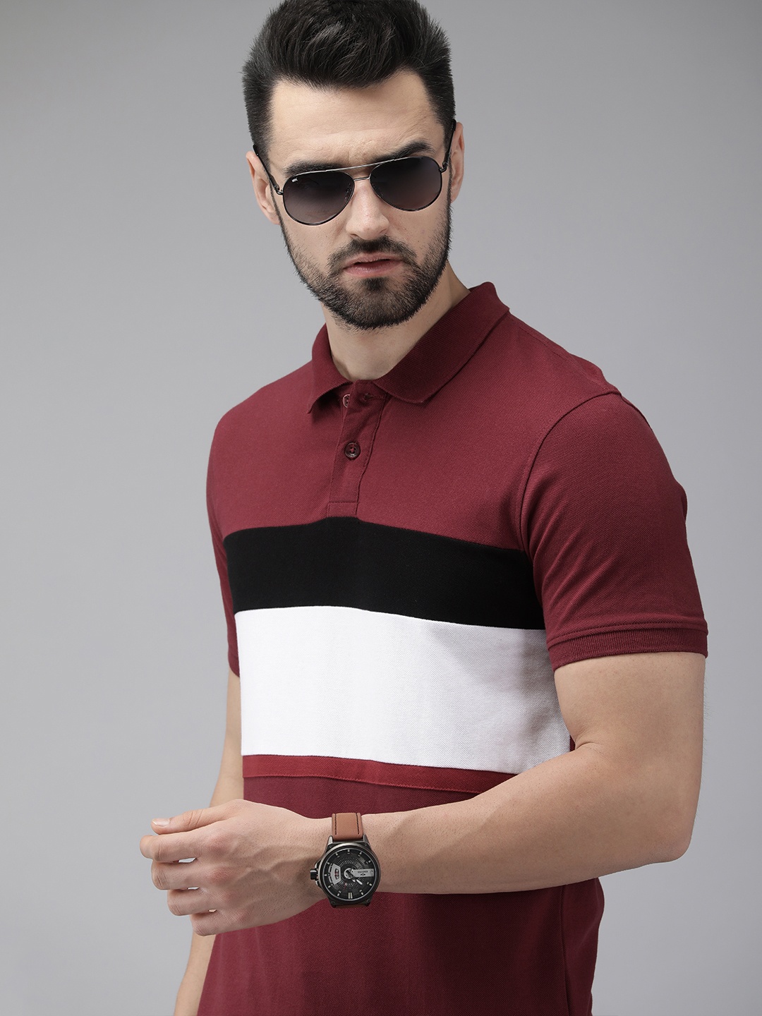

Roadster Men Maroon & White Colourblocked Polo Collar T-shirt
