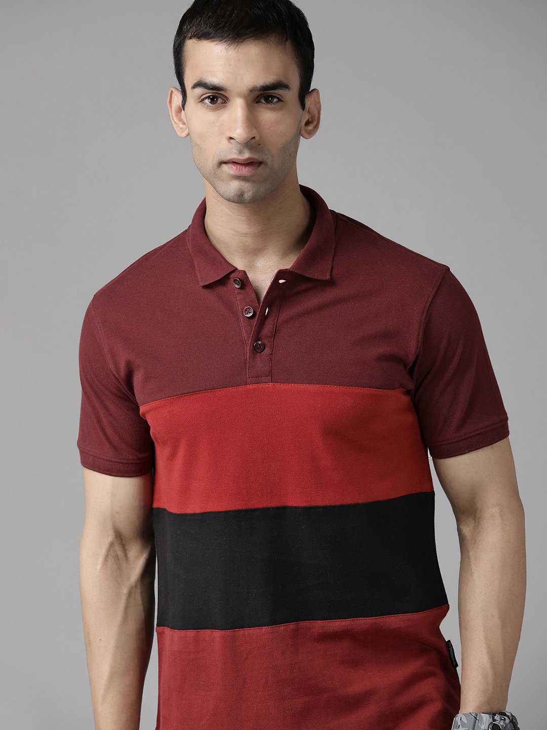 

Roadster Men Red & Burgundy Colourblocked Cotton Polo Collar T-shirt