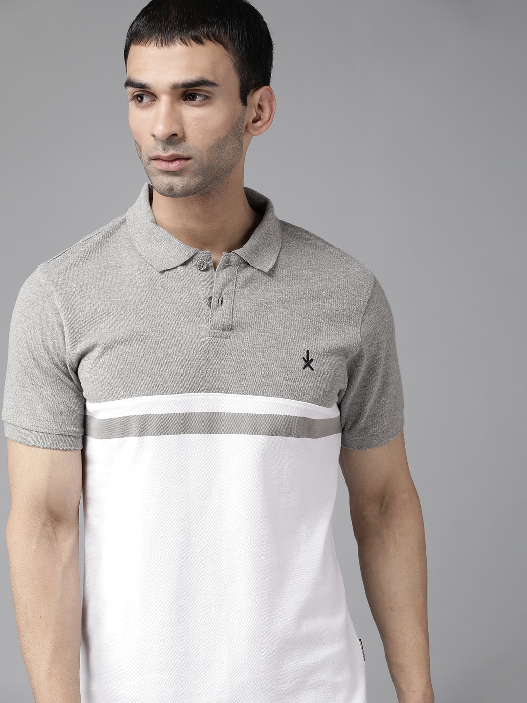 

Roadster Men White & Grey Melange Pure Cotton Colourblocked Polo Collar T-shirt