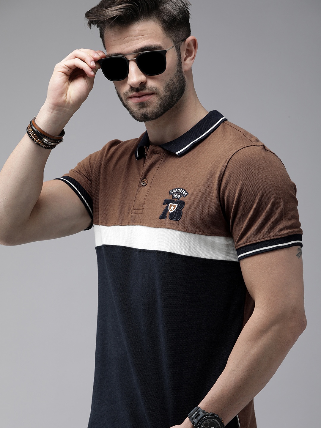

Roadster Men Brown & Navy Blue Colourblocked Polo Collar Pure Cotton T-shirt