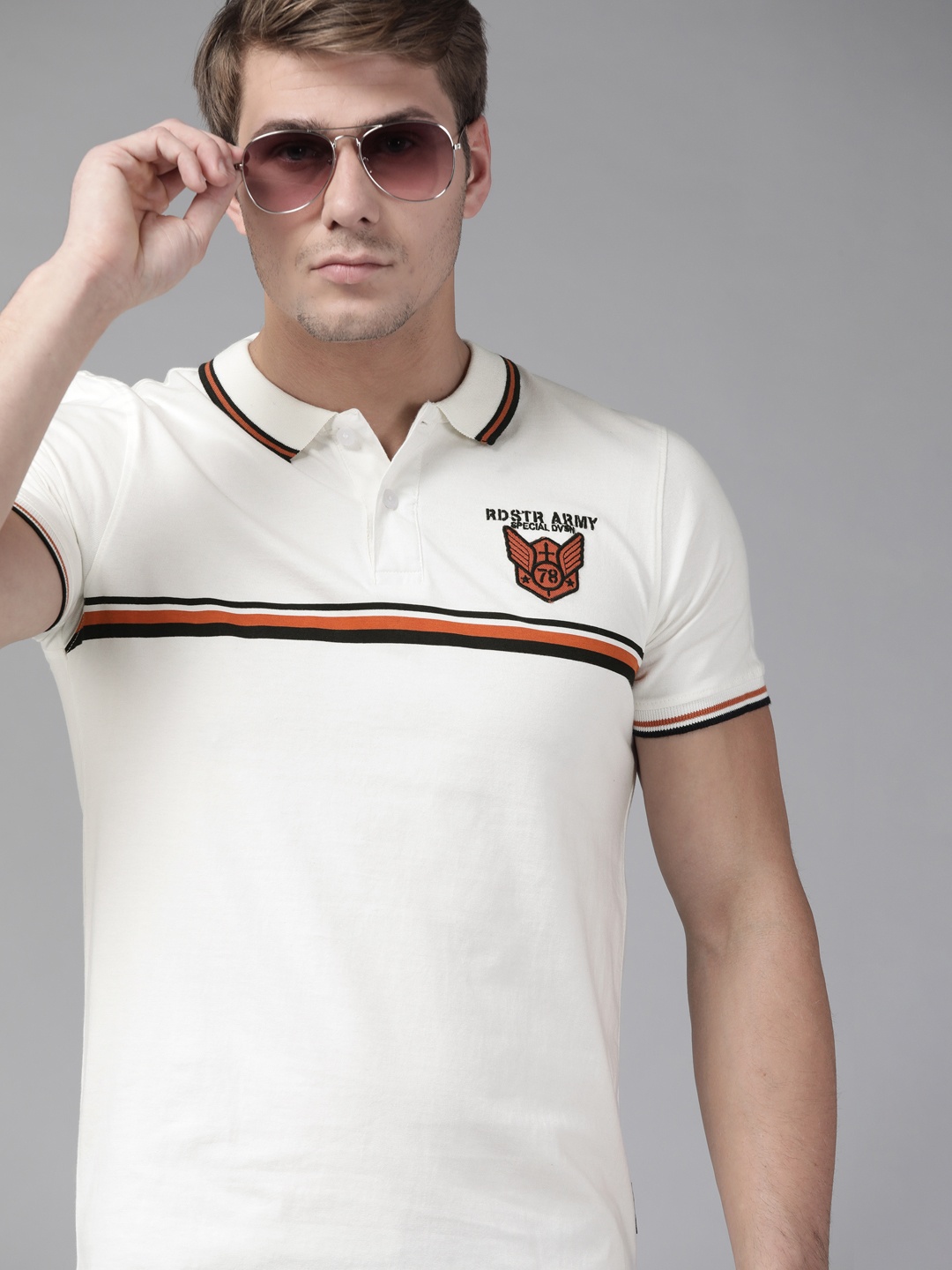

Roadster Men Off White Pure Cotton Striped Polo Collar T-shirt
