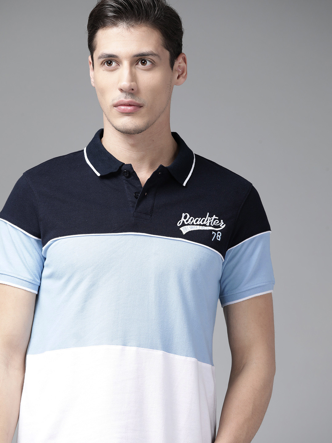 

Roadster Men Blue & White Brand Logo Colourblocked Polo Collar Pure Cotton T-shirt