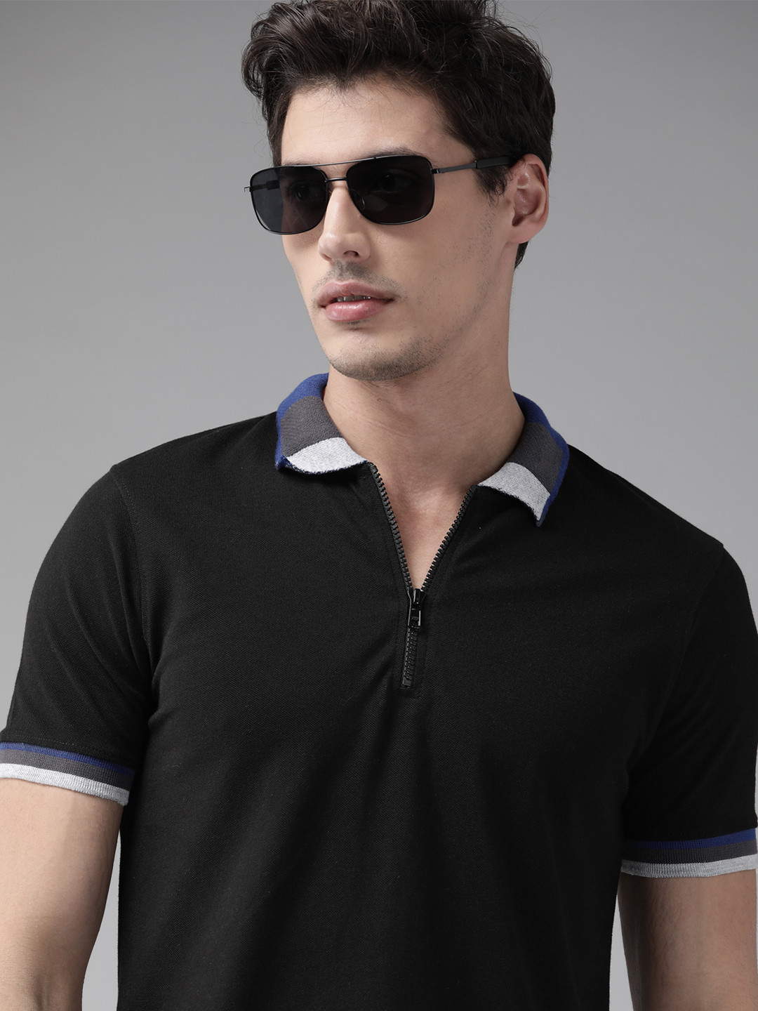 

Roadster Men Black Solid Pure Cotton Polo Collar T-shirt
