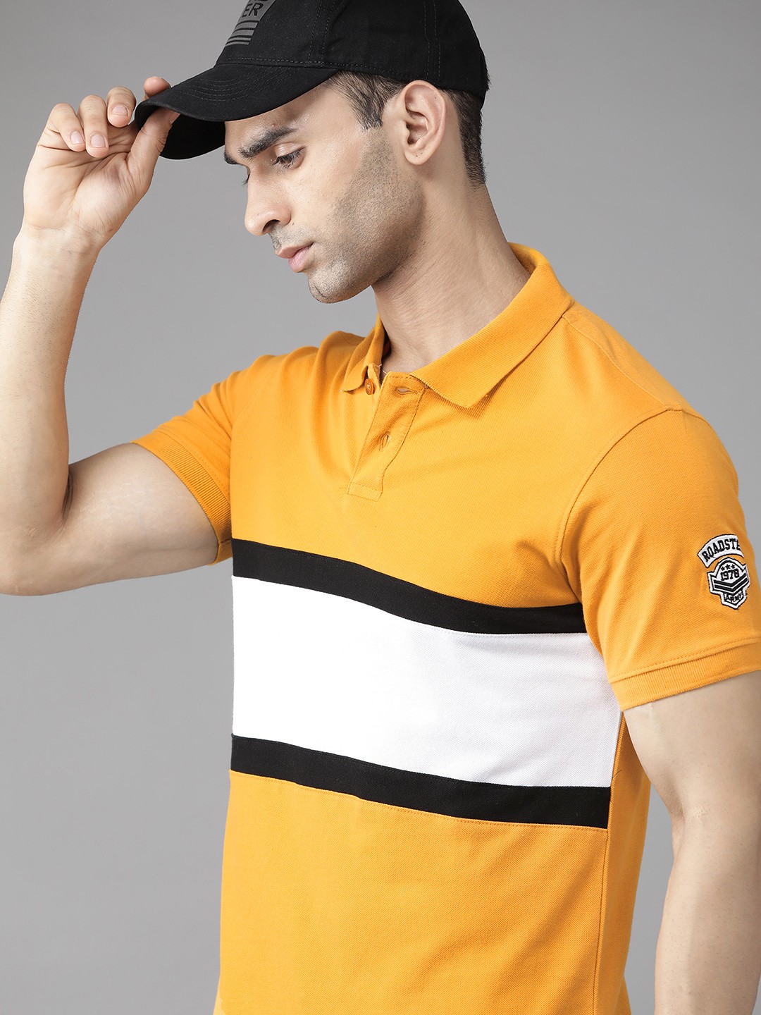 

Roadster Men Mustard Yellow & White Cotton Striped Polo Collar T-shirt