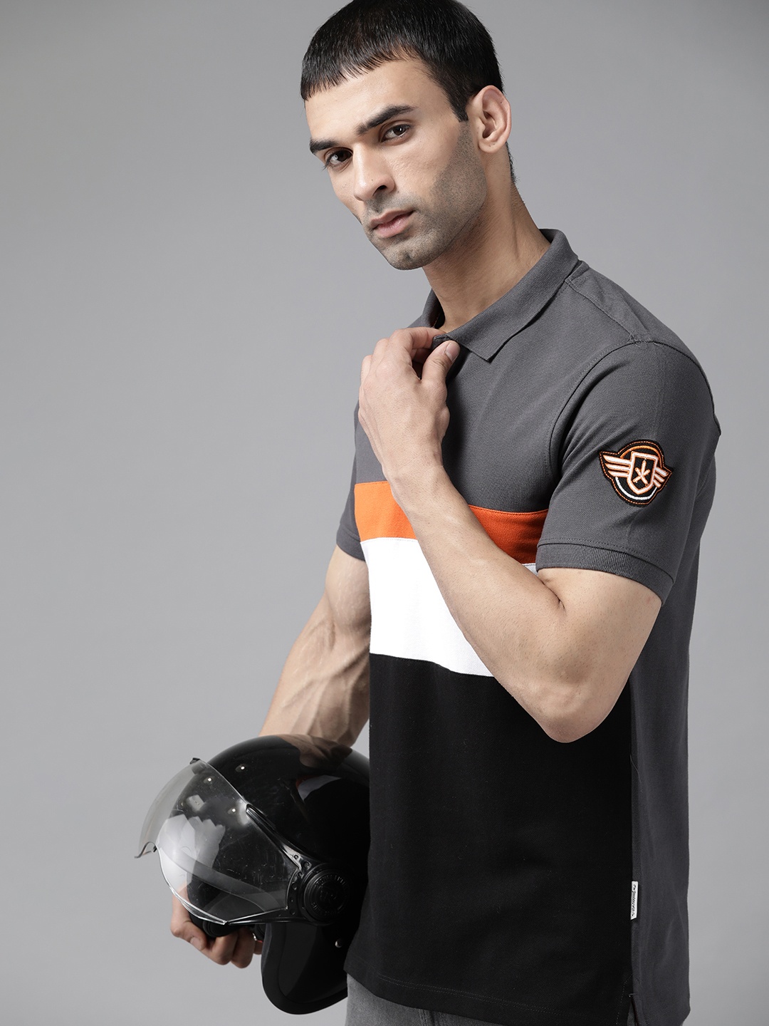 

Roadster Men Black & White Striped Polo Collar T-shirt