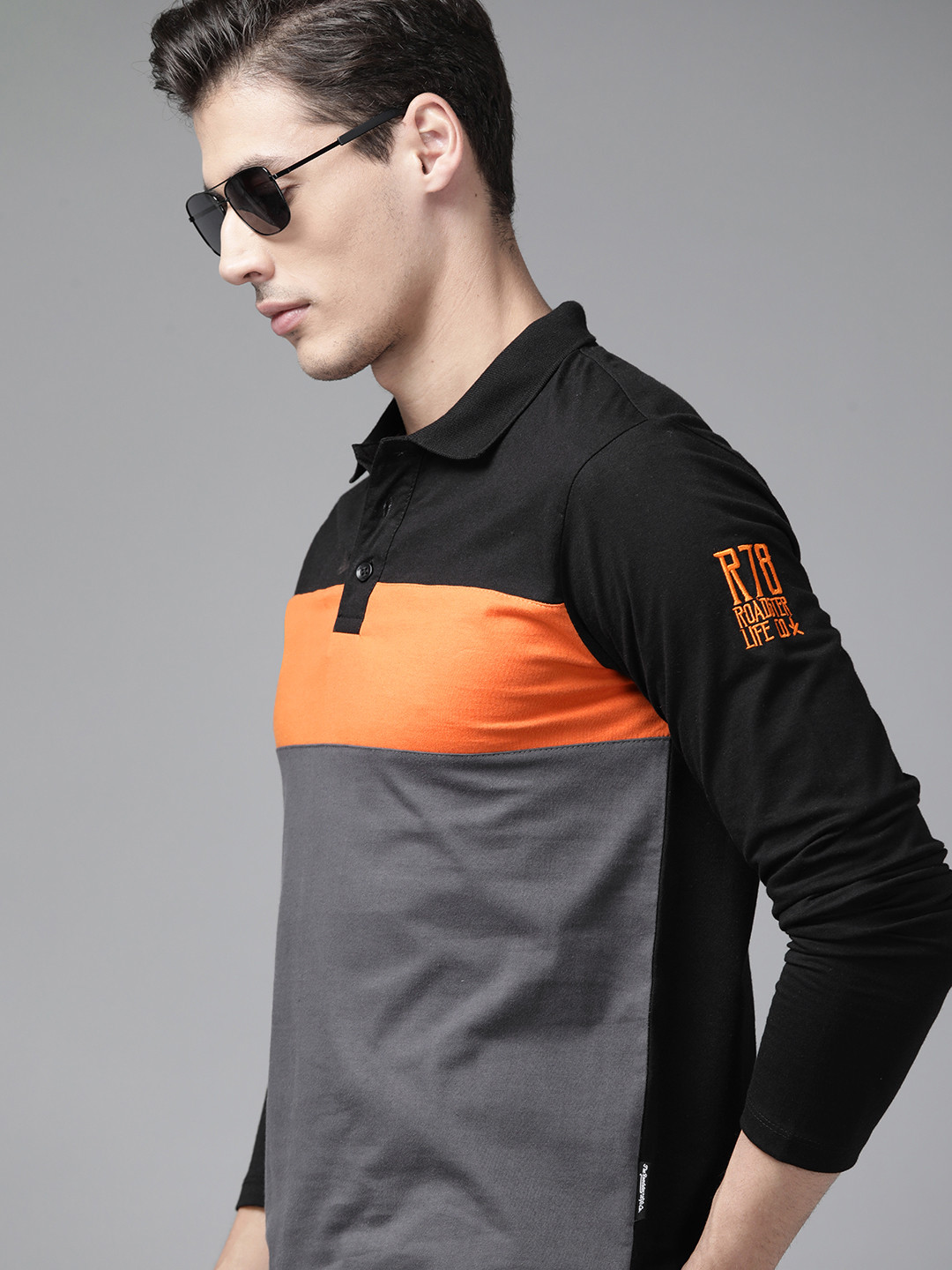 

Roadster Men Black & Orange Colourblocked Polo Collar Pure Cotton T-shirt