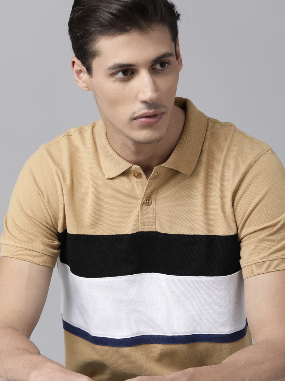 

Roadster Men Beige & White PURE Cotton Colourblocked Polo Collar T-shirt