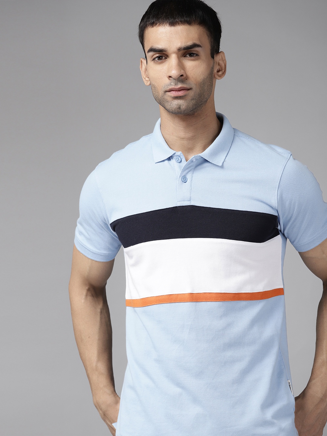 

Roadster Men Blue & White Striped Polo Collar T-shirt