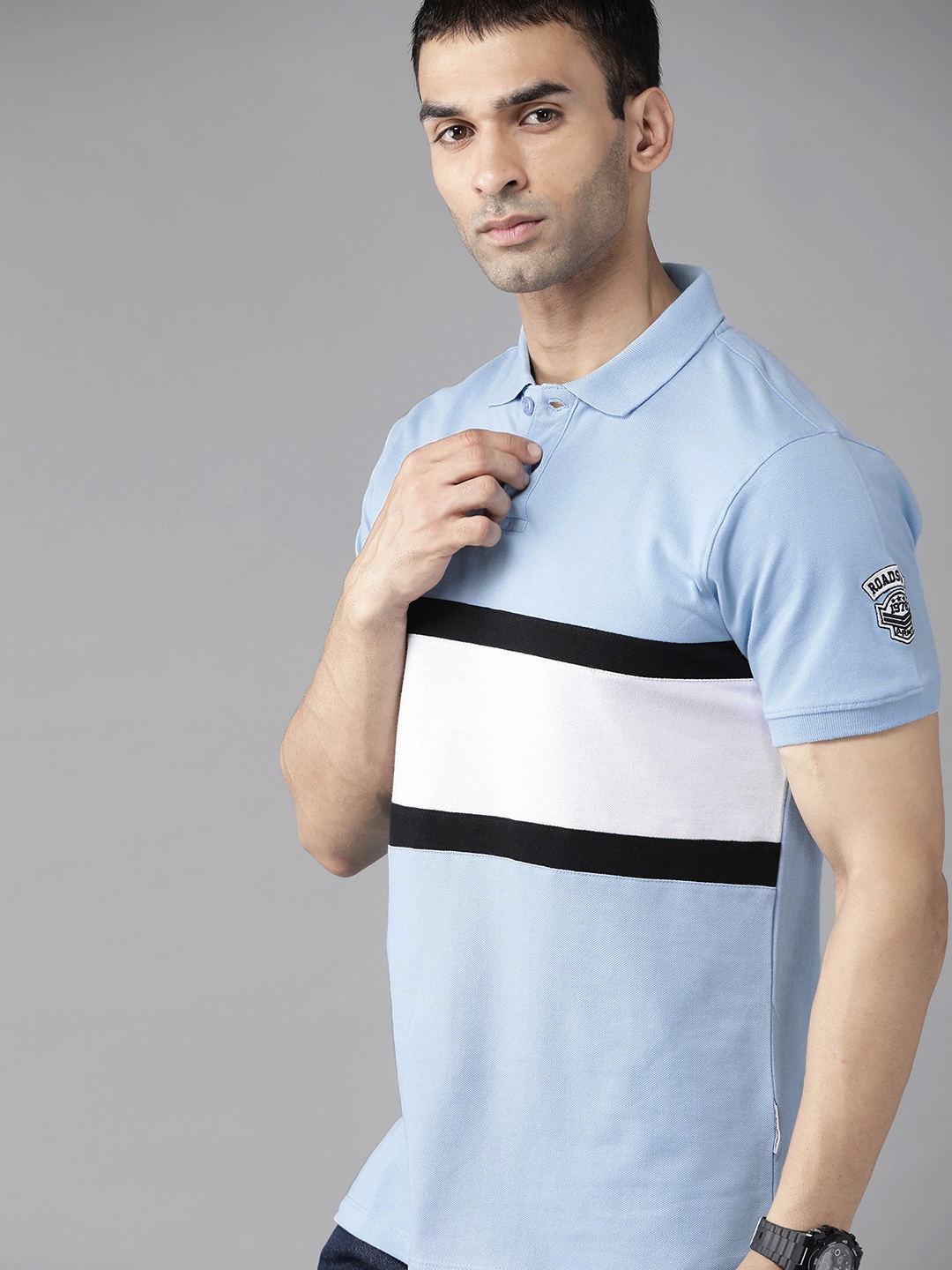 

Roadster Men Blue & White Cotton Striped Polo Collar T-shirt