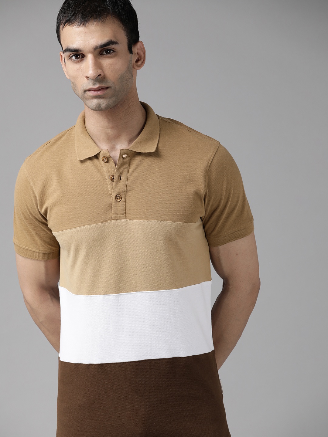 

Roadster Men Beige & White Colourblocked Cotton Polo Collar T-shirt