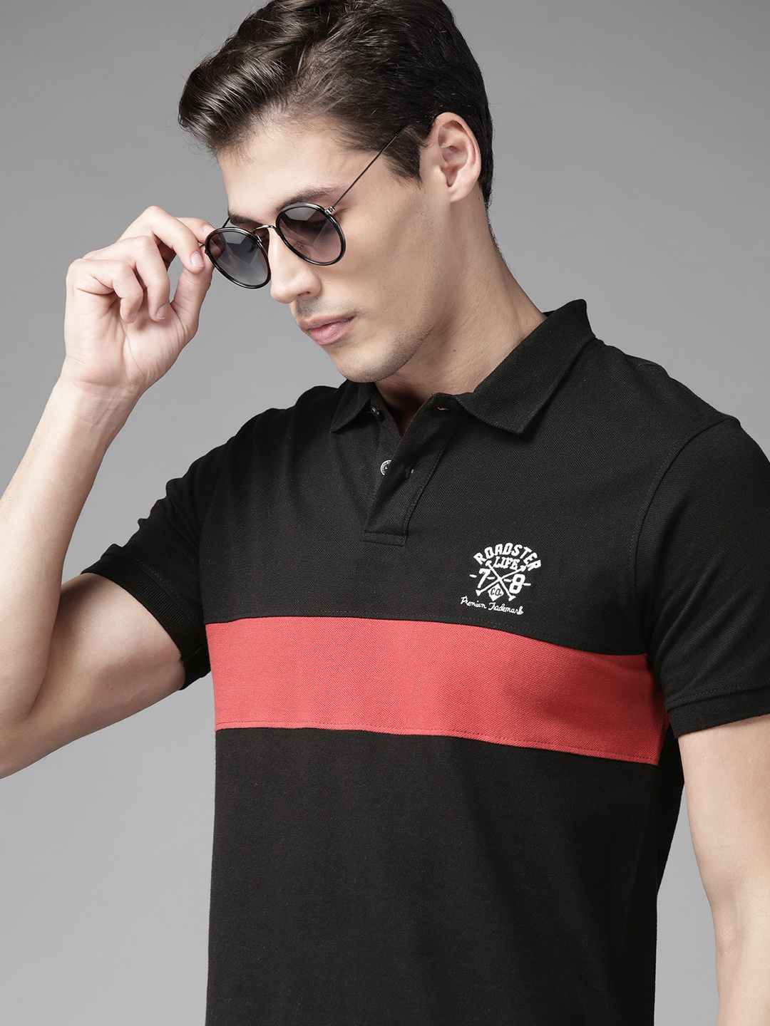 

Roadster Men Black & Red Pure Cotton Striped Polo Collar T-shirt