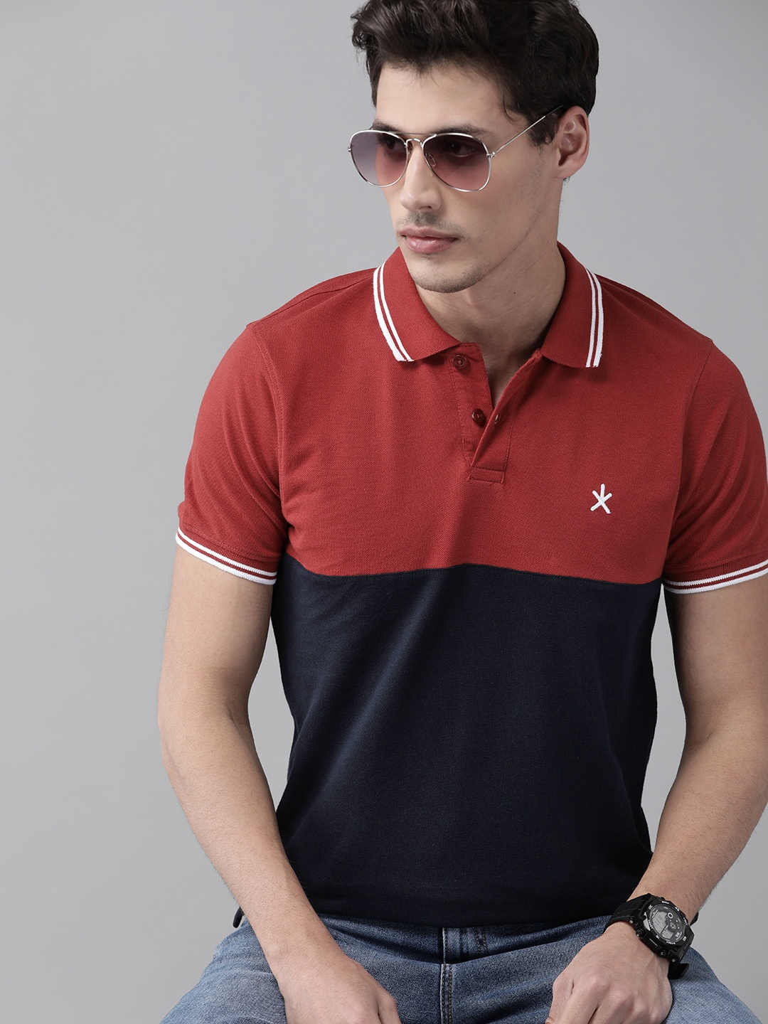 

Roadster Men Rust Red & Navy Blue Pure Cotton Colourblocked Polo Collar T-shirt