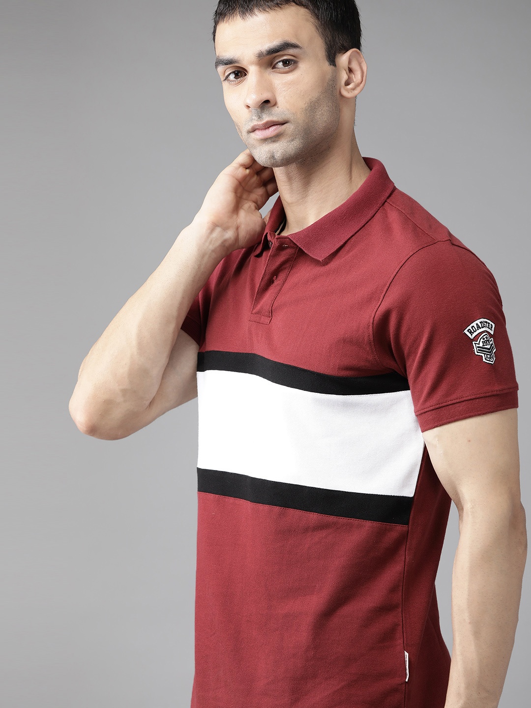 Roadster Men Maroon & White Cotton Striped Polo Collar T-shirt
