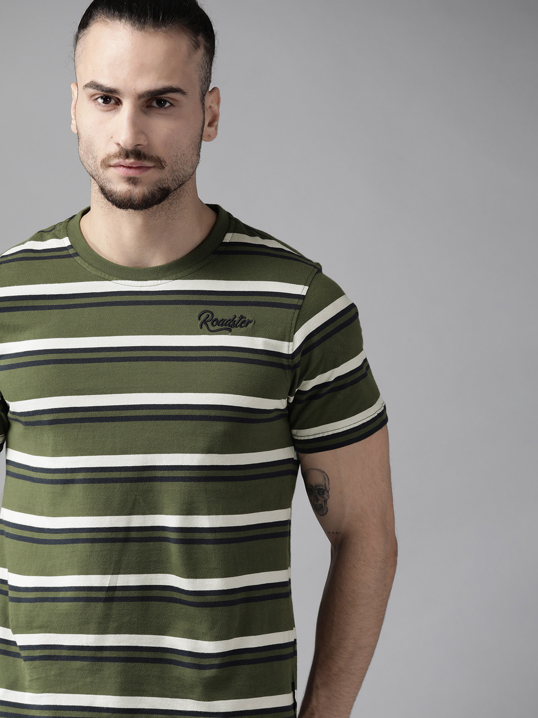 

Roadster Men Olive Green & White Cotton Striped T-shirt