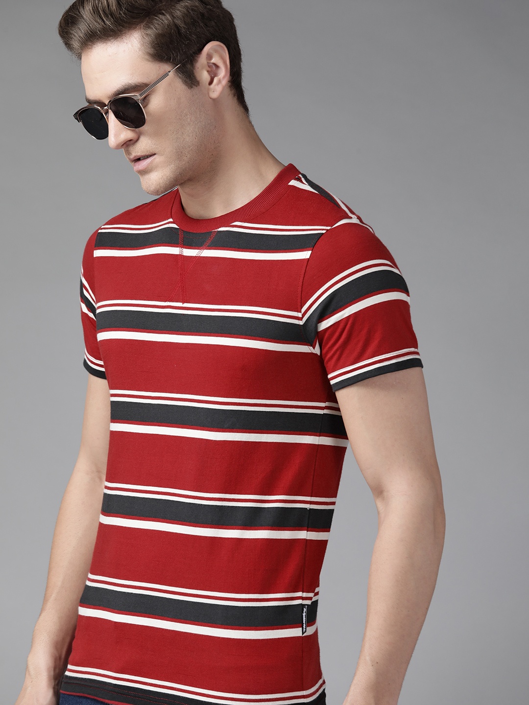 

Roadster Men Red & Black Striped Pure Cotton T-shirt