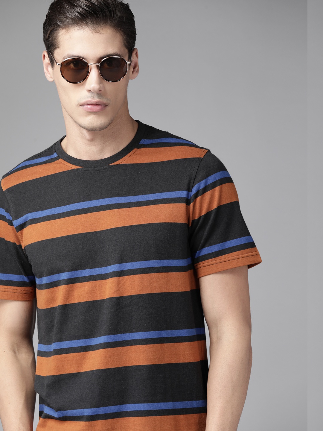 

Roadster Men Black & Rust Orange Pure Cotton Striped T-shirt