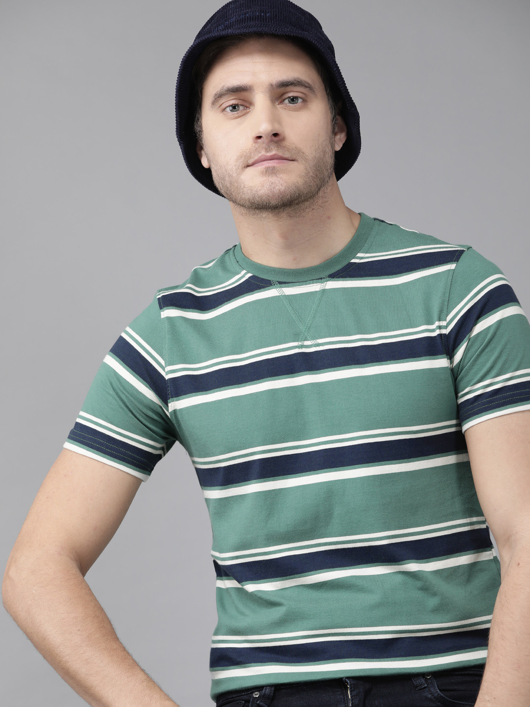 

Roadster Men Green & White Striped Pure Cotton T-shirt