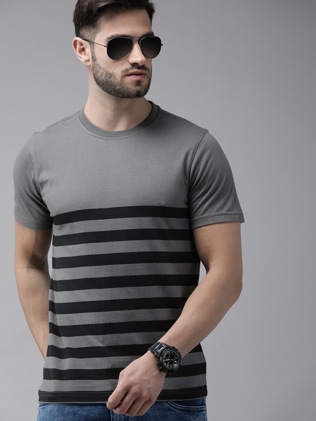 

Roadster Men Grey & Black Striped Pure Cotton T-shirt