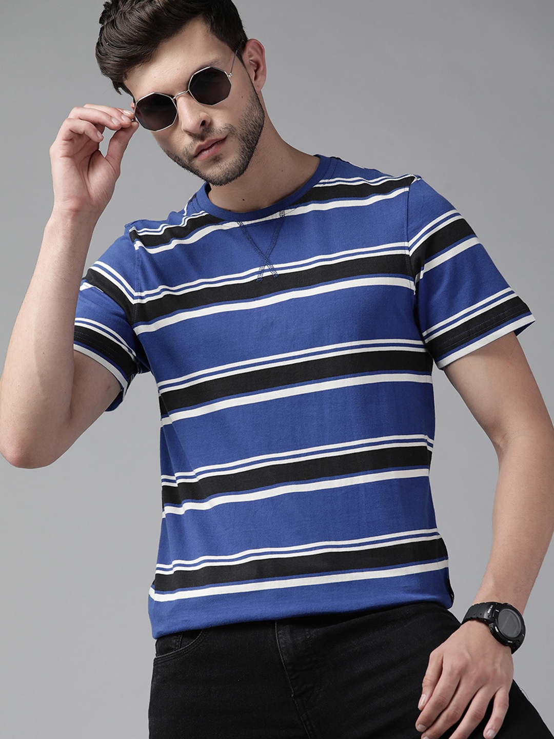 

Roadster Men Blue & Black Striped Pure Cotton T-shirt