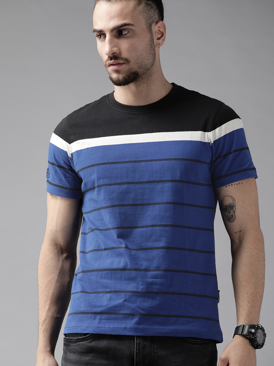 

Roadster Men Blue & BlackPure Cotton Striped T-shirt