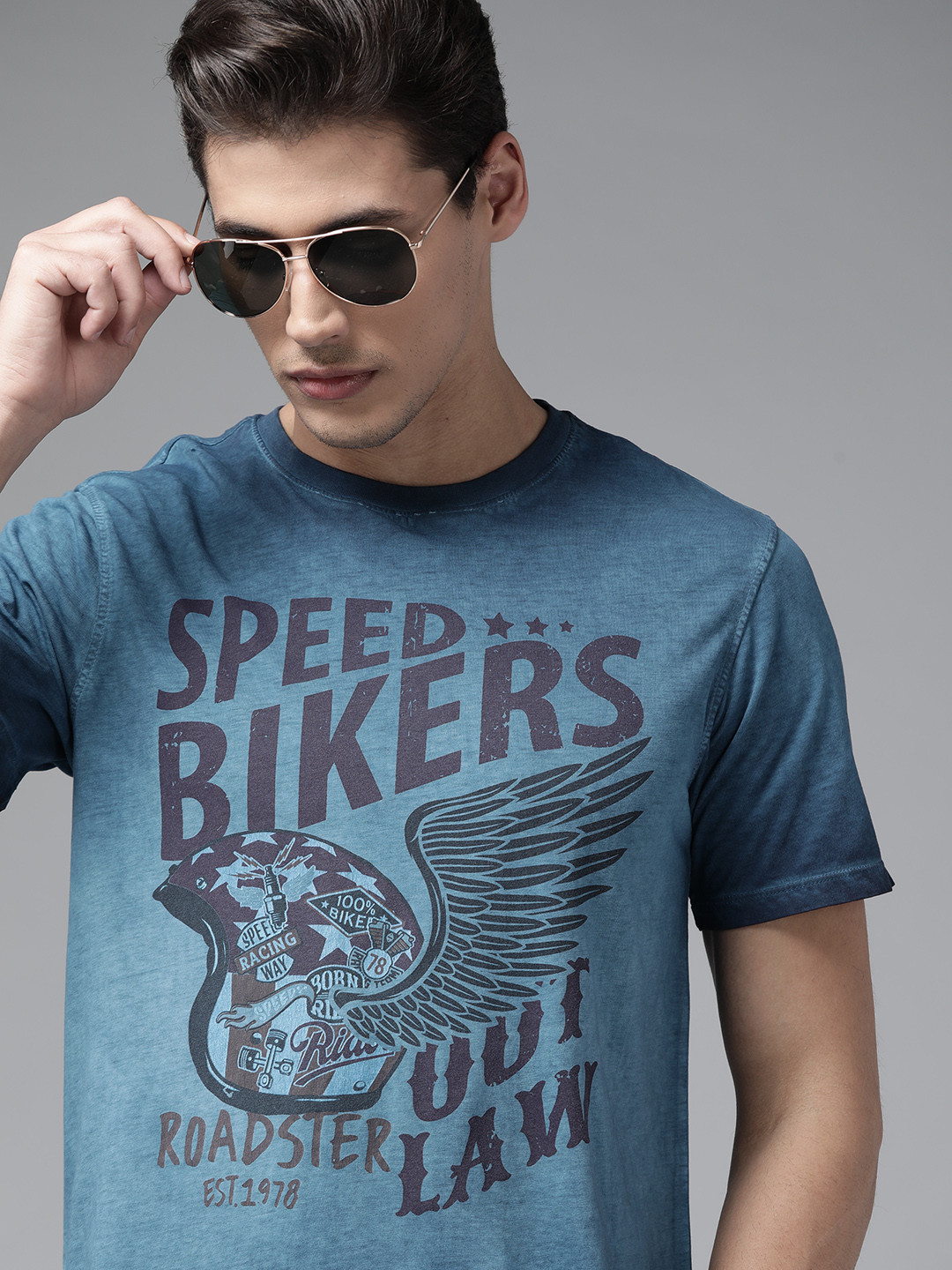 

Roadster Men Blue Pure Cotton Biker Printed Dyed T-shirt