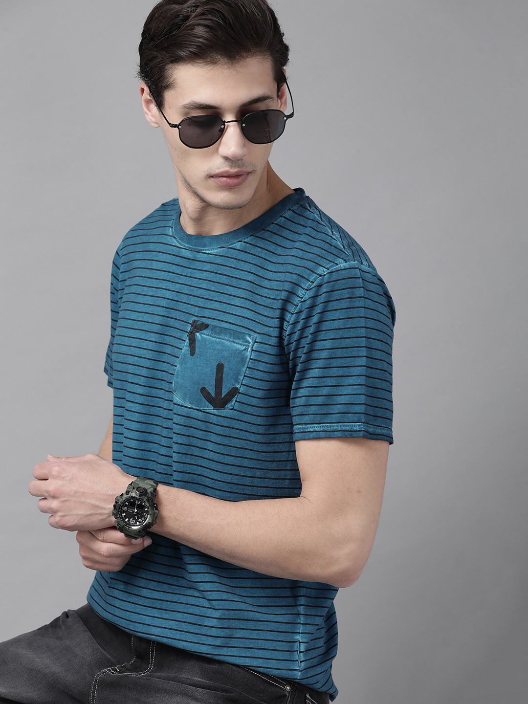 

Roadster Men Teal Blue & Black Striped Pure Cotton T-shirt
