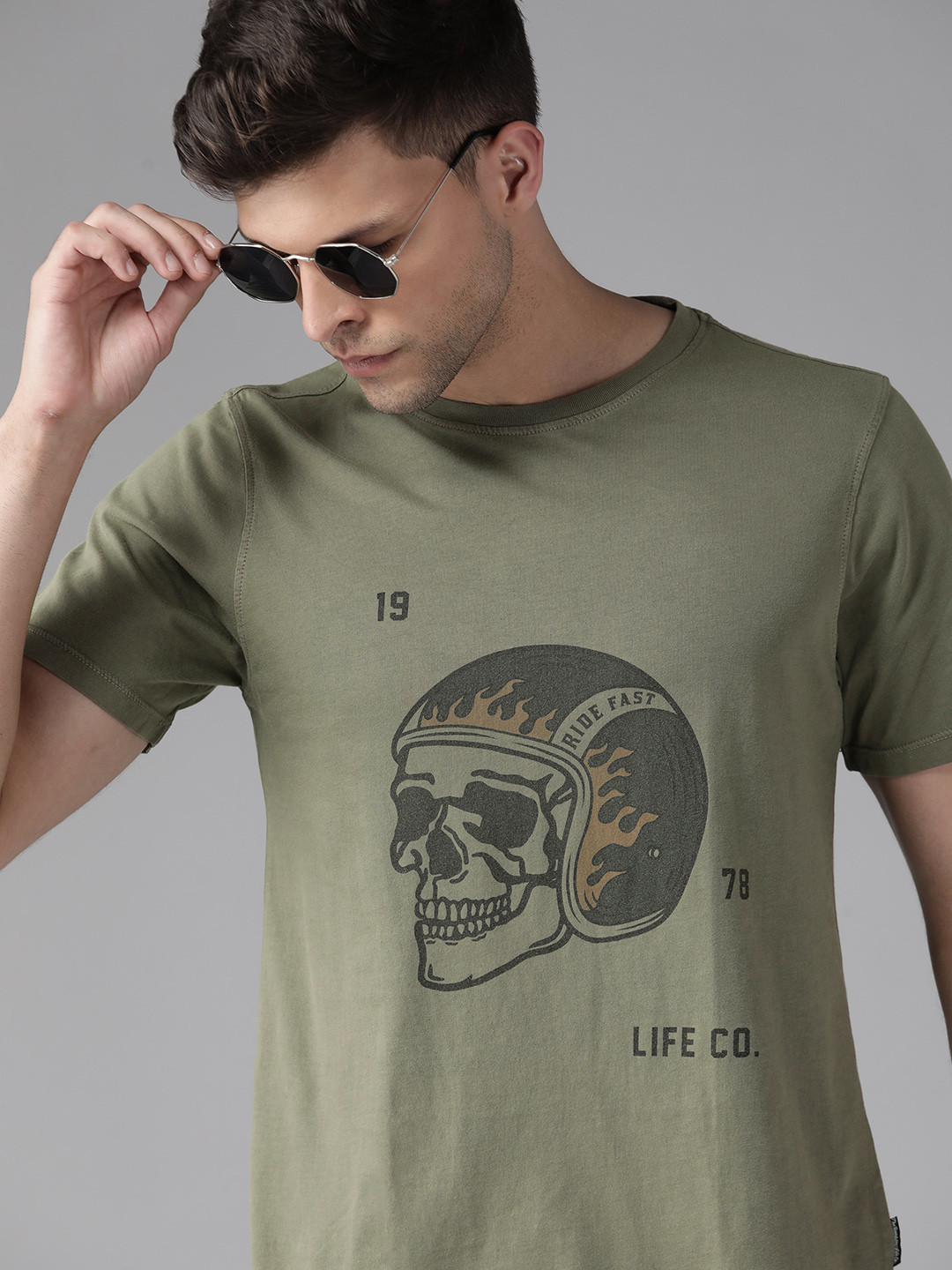 

Roadster Men Olive Green Printed Pure Cotton T-shirt