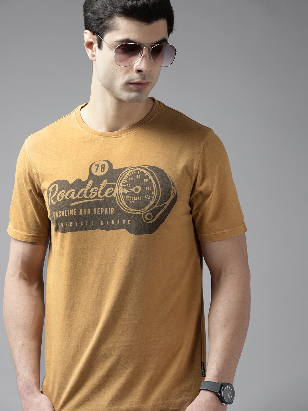 

Roadster Men Khaki Brand Logo Printed Pure Cotton T-shirt