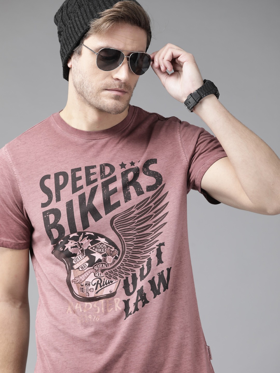 

Roadster Men Mauve Biker Printed Pure Cotton T-shirt